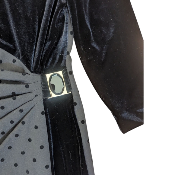 Velvet Polka Dots Black Dress Tahari Side Ruched Party Office Siren Dress 6P - Picture 8 of 11